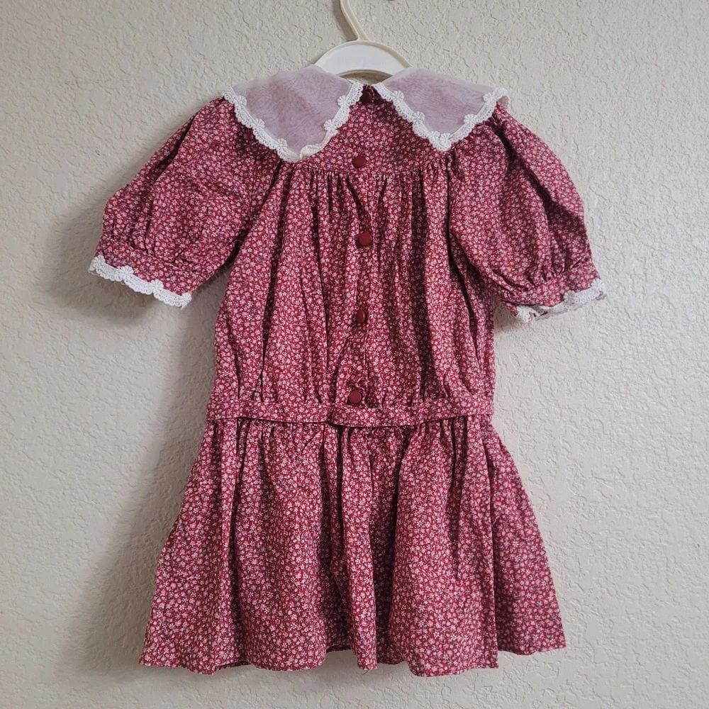 Vintage Sarah Kent 4T Red Floral Puff Sleeve Dress Lace Collared Bow Cottagecore